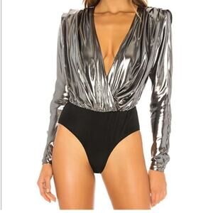 NWT Michael Costello x Revolve True Long Sleeve Bodysuit Metallic Silver XS